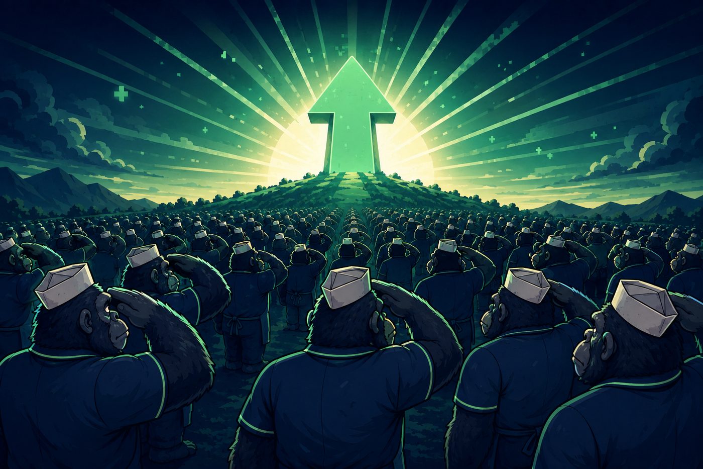 An army of apes in paper hats salutes a giant glowing green arrow on a hill at sunrise