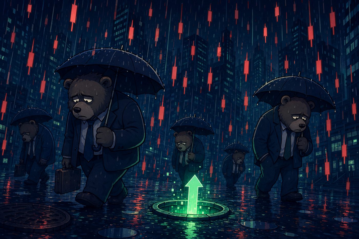 Sad bears in suits walk through red candlestick rain while a green up-arrow glows out of a manhole