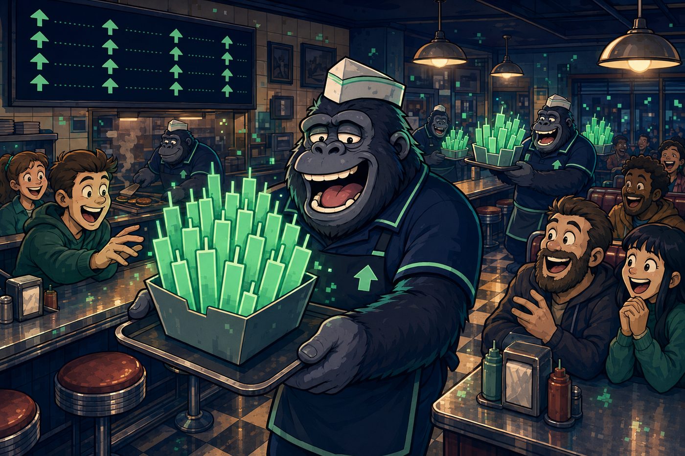 Apes in aprons serve trays piled with glowing green candlesticks to delighted customers in a retro diner
