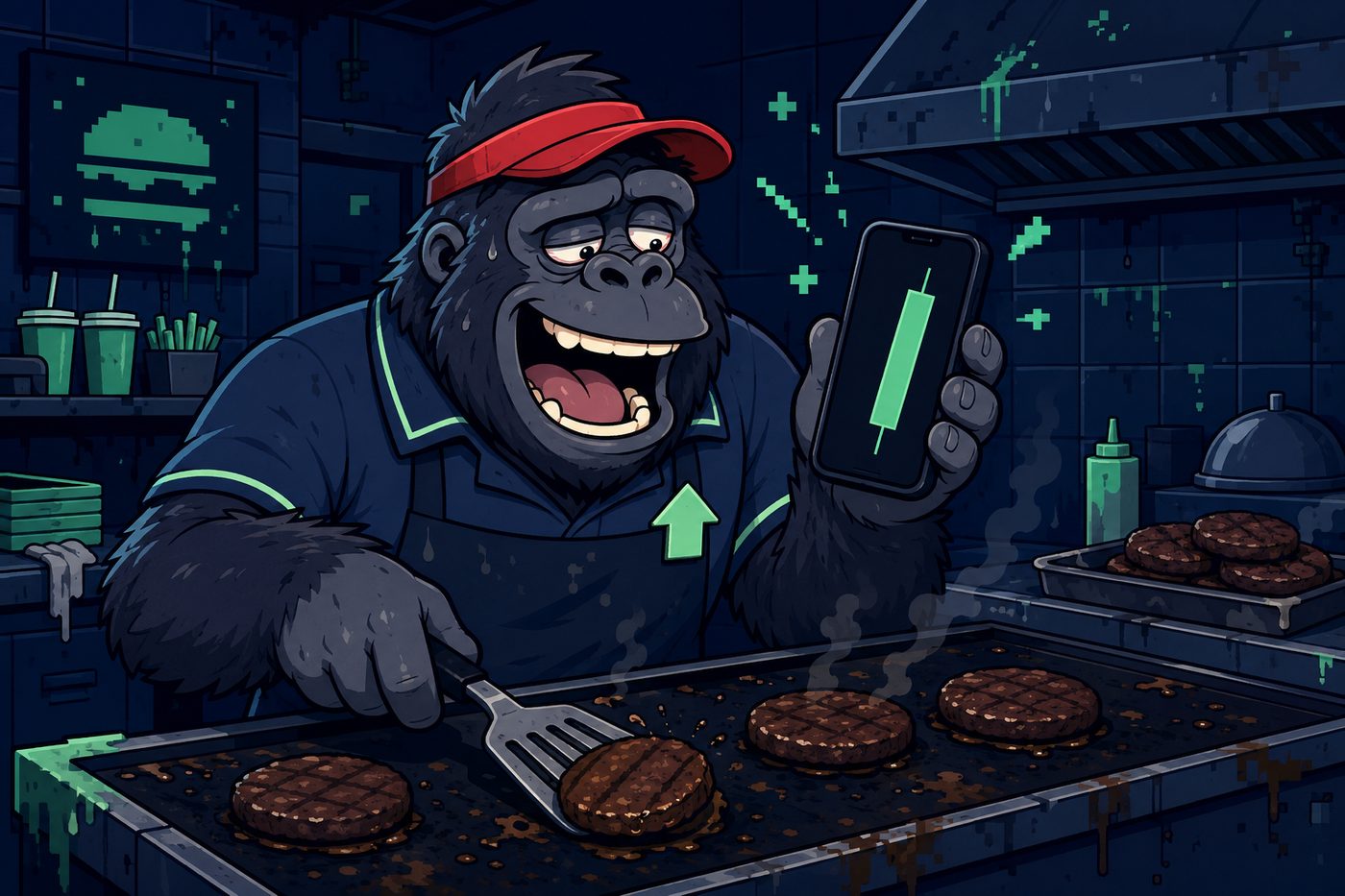 A grinning ape in a fast-food uniform flips burgers while his phone shows one giant green candle