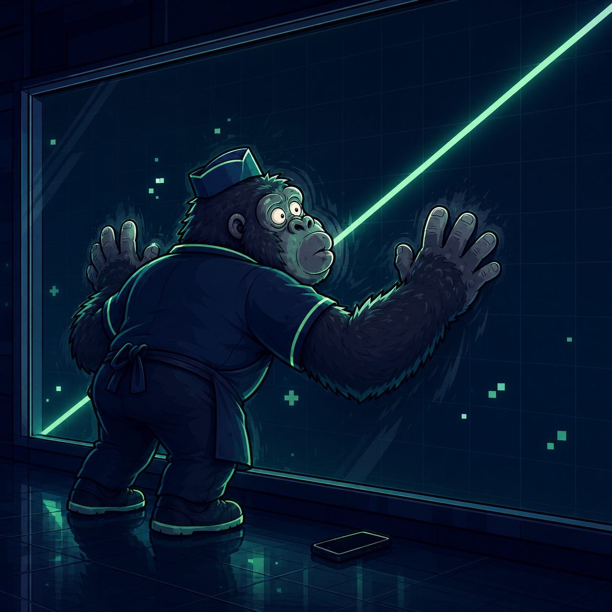 An ape presses his hands and face against a wall-sized chart showing one perfectly straight rising green line